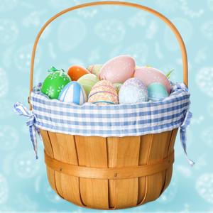 Wooden Easter Basket with Handle Woodchip Basket with Blue Gingham Liner Round Wood Basket for Easter Egg Hunting Gift Treat Storage Home Decoration Picnic Party Favors, 8'' x 6''