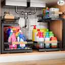 FapZox Under Sink Organizer, 2 Pack Under Sink Organizers and Storage, 2-Tier Pull Out Under Cabinet Organizer Storage Shelf, Metal Frame, Height Adjustable Rack for Bathroom Kitchen Pantry, Black