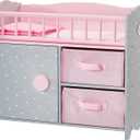 Olivia's Little World Wooden Baby Doll Crib with a Cabinet and Two Cubbies for Doll Accessory Storage Underneath, Pink and Gray and White Polka Dots