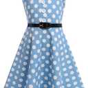 Kids Girls 50s Audrey Vintage Polka Dot Swing Party Rockabilly Dress Retro Peter Pan Doll Collar Wedding Casual Skater Dress (Blue)