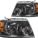 PHILTOP Pair Headlights Assembly Compatible with 2004 2006 2007 2008 Ford F150, 2006 Lincoln Mark LT,Chrome Housing Smoke Lens Amber Reflector,Halogen Headlamps (Driver + Passenger Side)