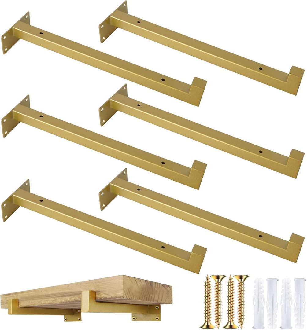 OVOV 6 Pack Gold Shelf Brackets 12 Inch Floating Shelf Bracket with Lip Industrial Shelving Brackets for Kitchen Bathroom Storage Wall Mounted Shelf Support with Screws