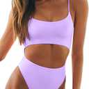 Meyeeka Womens Scoop Neck Cut Out Front Lace Up Back High Cut Monokini One Piece Swimsuit (Large, Purple)