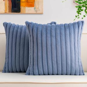 Aegero Pack of 2 Faux Fur Christmas Throw Pillow Covers 18x18 Inch, Soft Plush Striped Neutral Couch Pillow Cover, with Velvet Back Modern Home Decor for Sofa Living Room Couch Bed Blue