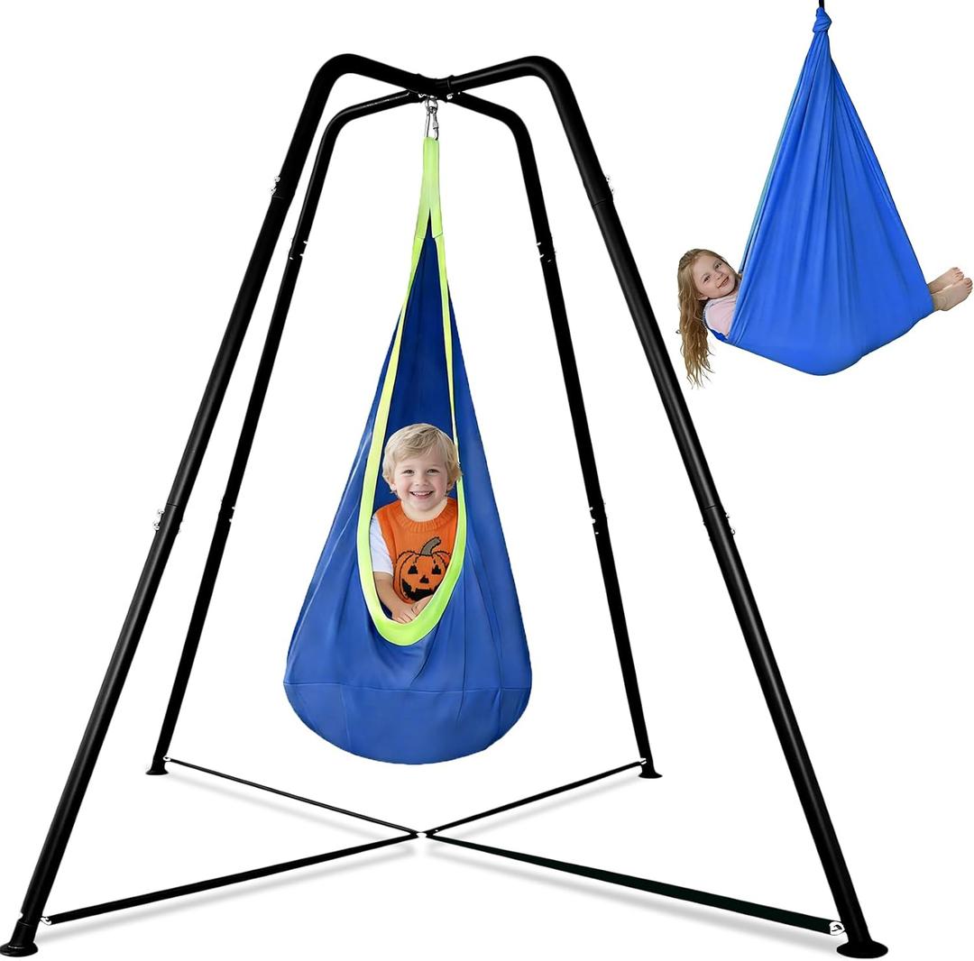 Sensory Swing with Stand, Sensory Pod Chair and Swings Set, Heavy-Duty Metal X-Shaped Swing Frame, Hammock Chair Stand for Home and Adults, Indoor Outdoor 350LBS (Blue)