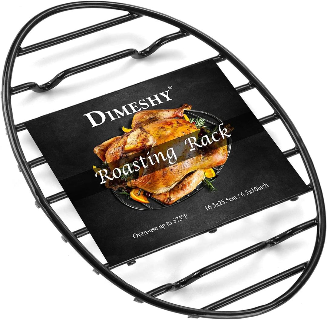 DIMESHY Roasting Rack, Black with Integrated Feet, Enamel Finished, Nonstick, fit for 13 inches oval roasting pan, safety, dishwasher, Great for Basting, Cooking, Drying, Cooling rack.(10x 6.5)