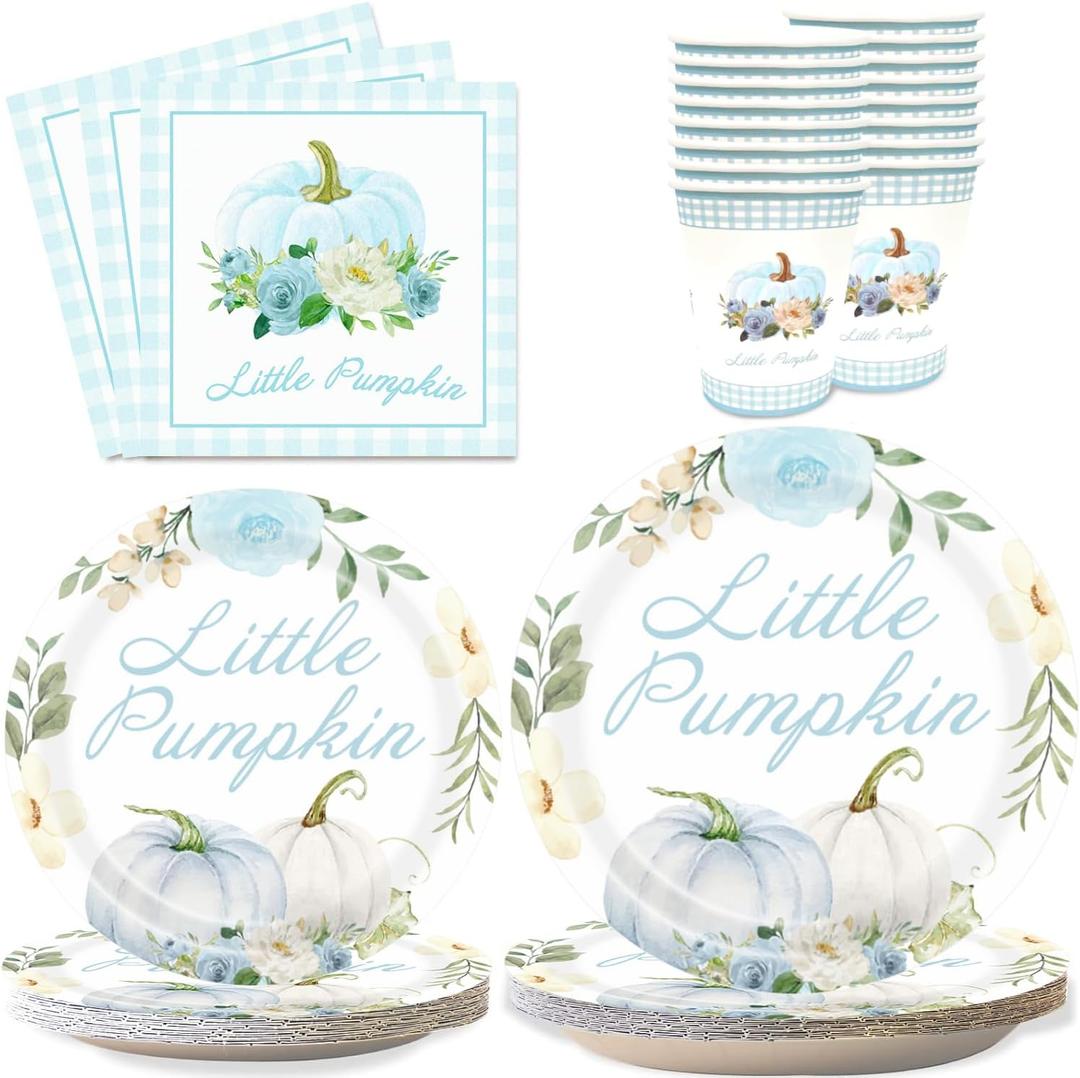 Aukolass Pumpkin Party Supplies Tableware Set - Fall Theme Party Decorations Including Plates, Napkins and Cups for Pumpkin Birthday and Baby Shower Party, Serves 24 Guests (blue)