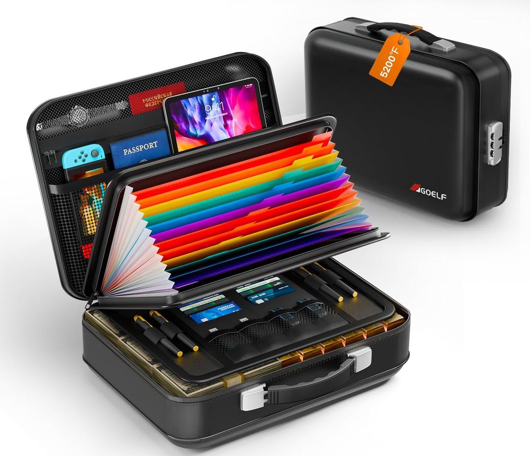 Fireproof Document Box with Lock, 5200°F Fireproof Water Resistant Hard Case File Organizer Safe Box for Important Documents, Certificates, Laptop, Passports (Black)