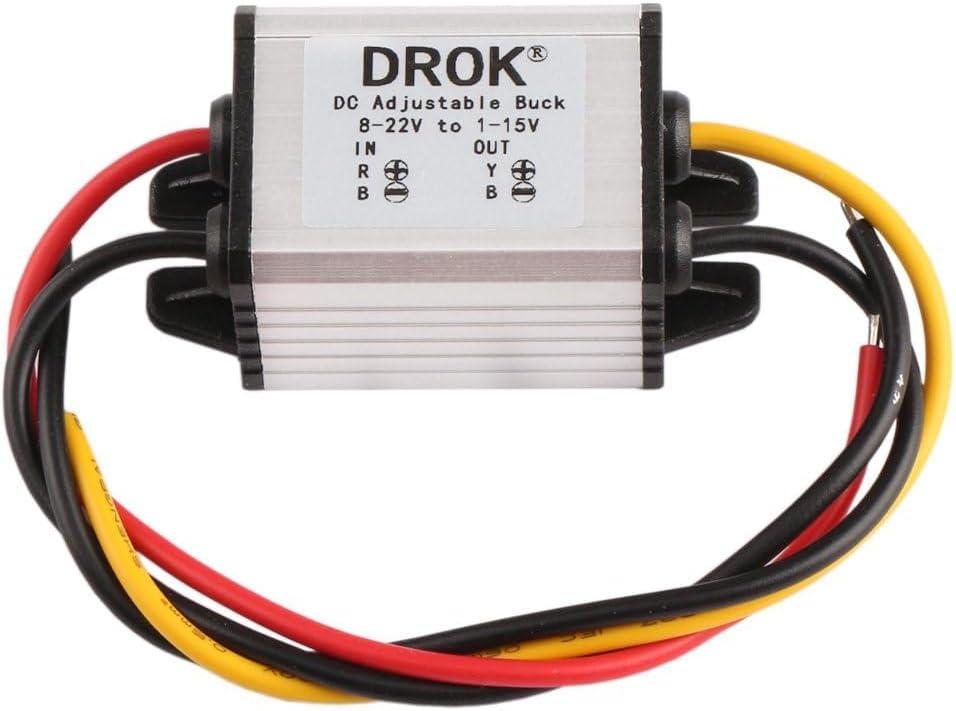 DROK Waterproof DC Buck Converter Voltage Regulator 8-22V to 3-15V 5V 12V 3A Adjustable Output Power Supply Transformer Step-Down Volt Module Board for Car Auto Vehicle Motor Regulated SR