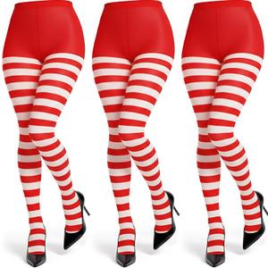 Hicarer 3 Pairs Mardi Gras Striped Tights for Women Elastic Striped Leggings Footed Tights for Mardi Gras Costume White and Red Stripe) (Red)