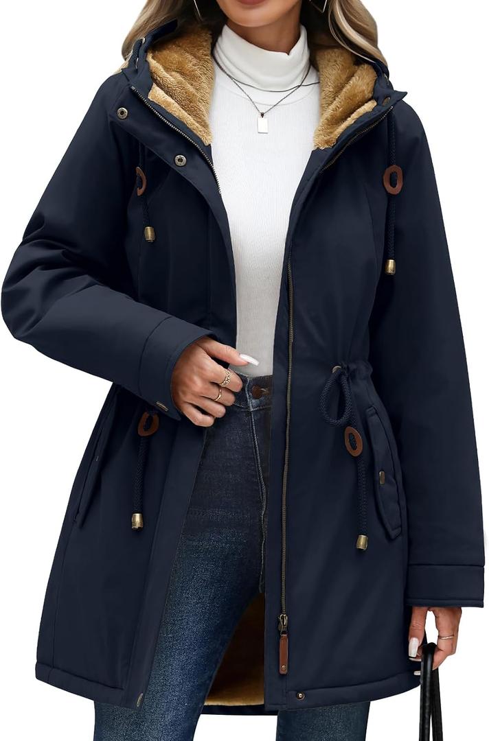 Yusongirl Parka Jacket Women Waterproof Fleece Lined Hooded Warm Winter Coat with Pockets for Daily Commute & Outdoor (Navy Blue,Medium)