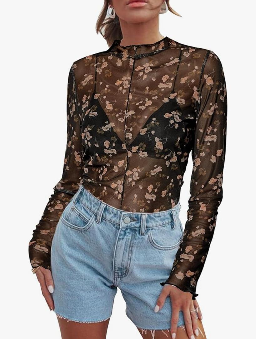 Women's Sheer Floral Long Sleeve Layering Top Ruffled Mock Neck Sheer Blouse for Casual Brunch Party Club Night Date Outfits
XL