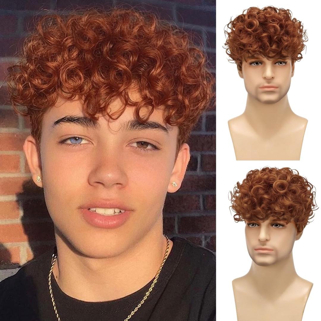 Mens Orange Curly Wigs Short Wig,Synthetic Heat Resistant Costume Wig Mens Daily Cosplay Party Halloween