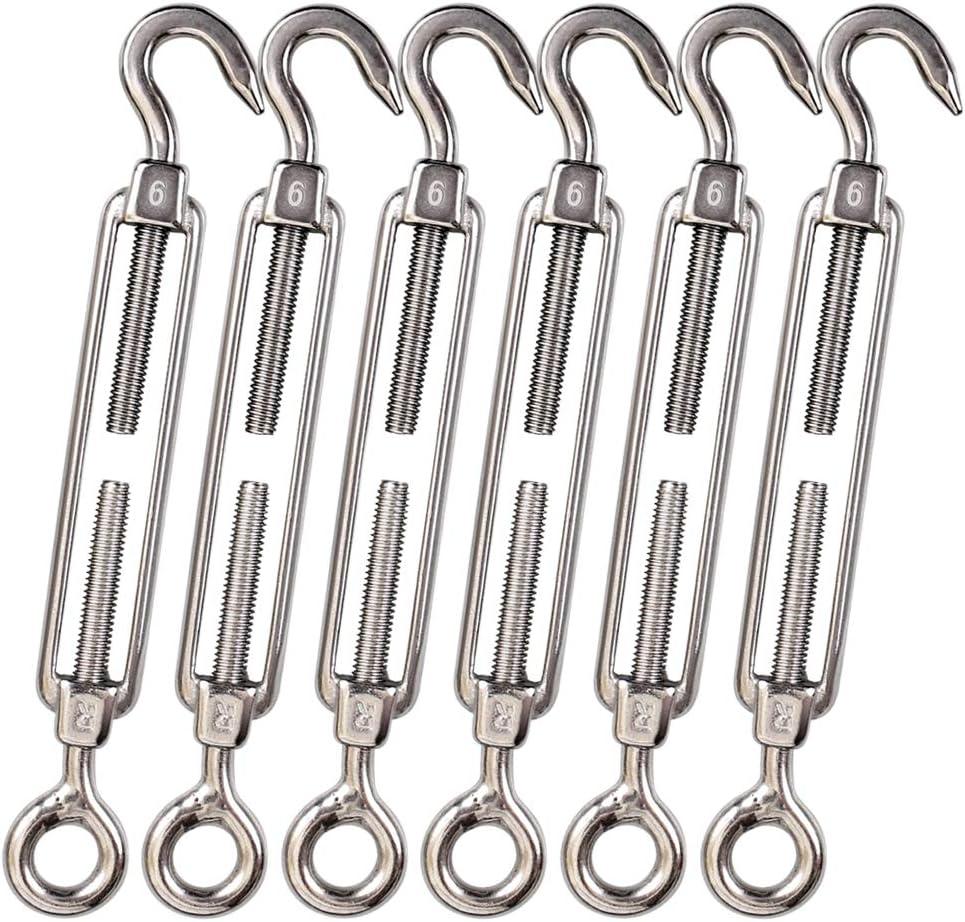 M6 Hook & Eye/C to O Turnbuckle 304 Stainless Steel, Hardware Kit for Wire Rope Tension Heavy Duty, for Sun Shade, Tent Installation, Anti-Rust, 6 Packs