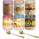 6 Pack Overnight Oats Containers with Lids - 16 oz (480ml) Glass Jars with Airtight Lids, Stackable Mason Jars for Yogurt, Chia Pudding, Meal Prep, Refrigerator & Freezer Safe