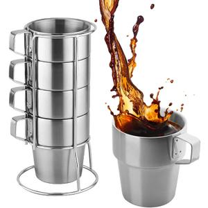 Yummy Sam 4PCS 10oz Stainless Steel Mug Set with Handle, Stackable Camping Coffee Mugs, Insulated 300ml Double Wall Coffee Cups with Rack Cappuccino/Latte Mugs Latte Cup (Silver)