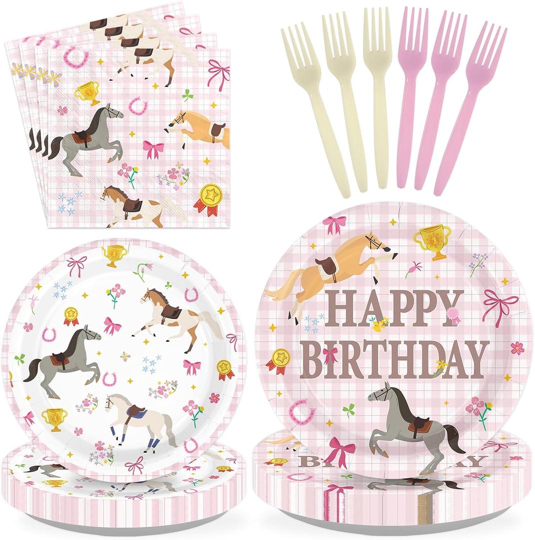 96 Pcs Horse Birthday Party Decoration Pink Checkered Pony Floral Plates and Napkins Western Cowgirl Tableware Set for Kids Racing Horse Birthday Baby Shower Party Supplies, Serves 24