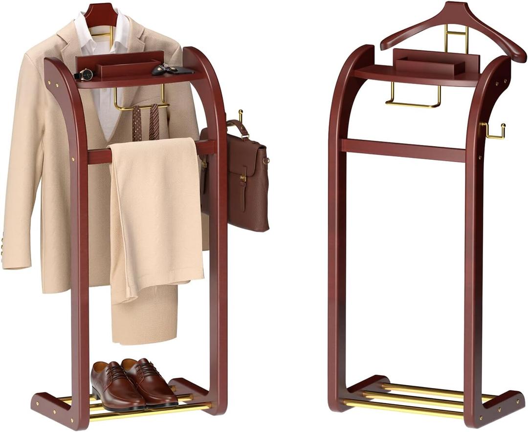 Suit Valet Stand for Men, Wood Mens Valet Stand with Base, Contour Hanger, Tray, Trouser Bar and Tie Bar, Clothes Valet Stand for Bedroom Entryway Home Living Room Office (Reddish brown)
