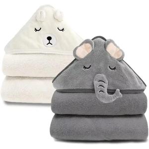 URSEORY 2 Pack Hooded Baby Towels, Premium Soft Bath Towel for Babies, Newborn, Infant and Toddler, Ultra Absorbent, Natural Baby Stuff Towel with Hood for Boy and Girl (Elephant, Bird)