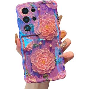 XIZYO Case for Samsung Galaxy S24 Ultra, Colorful Retro Oil Painting Flower Cute Floral Aesthetic Curly Wave Frame Laser Glossy Reflective Exquisite Stylish Cover Girly Women-Peony/Purple