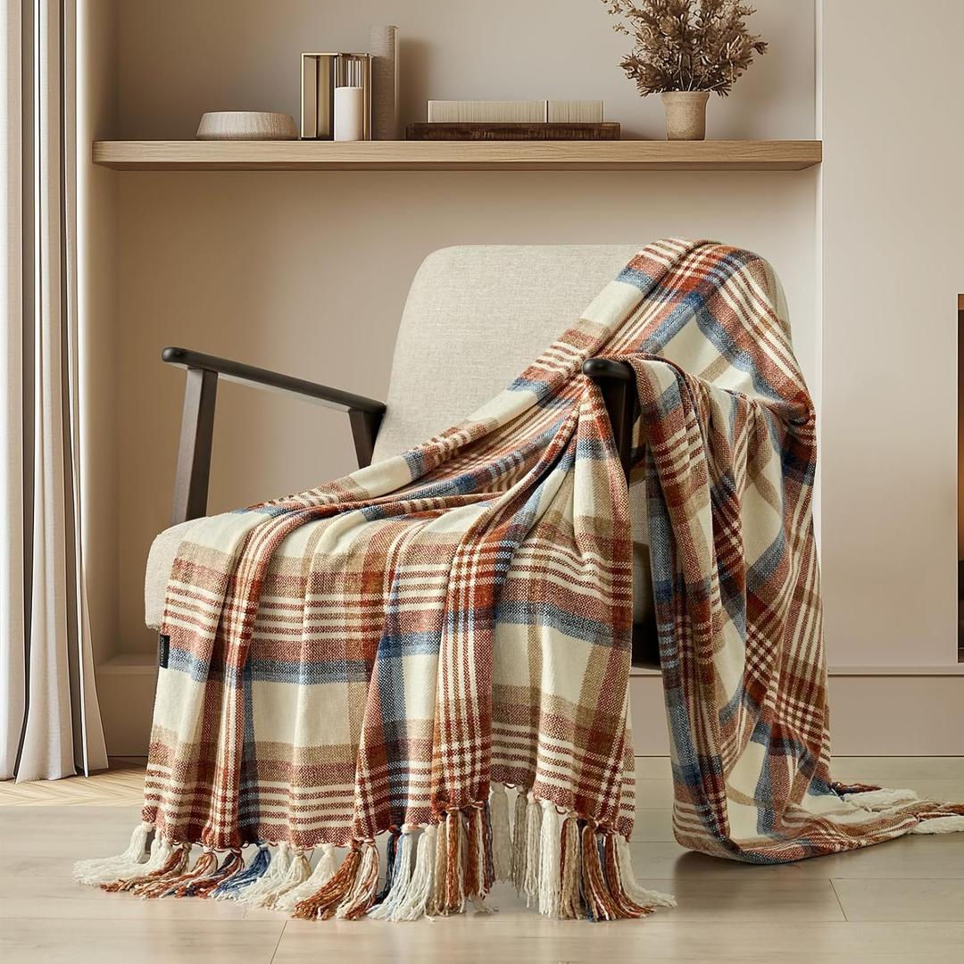 EverGrace Plaid Chenille Throw Blanket for Couch, Super Soft Cozy Decorative Fall Throw Blanket with Tassels for Bed Sofa Farmhouse Decor, Lightweight Harvest Plaid Throw Blanket for Autumn, 50"x60"