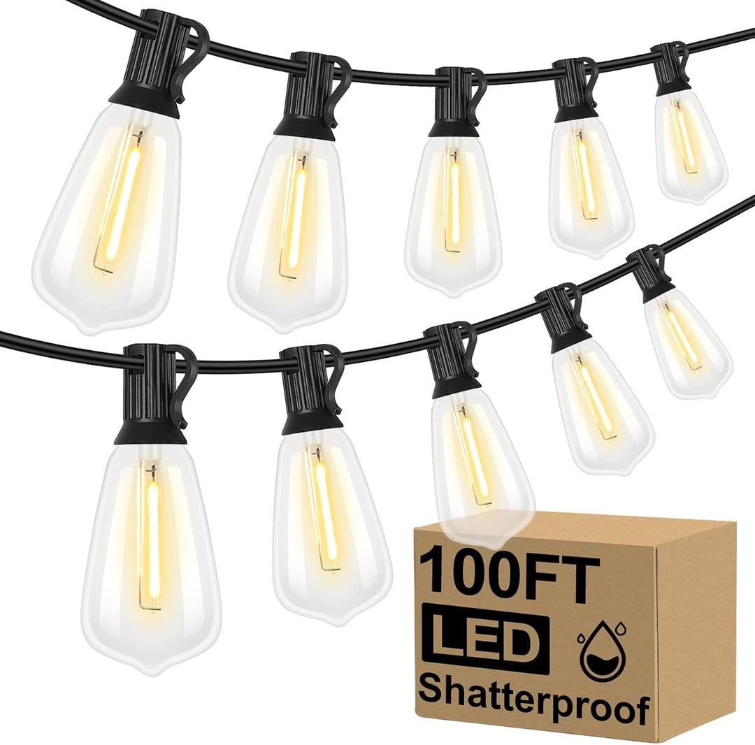 Brightever LED Outdoor String Lights 100FT Patio Lights with 52 Shatterproof ST38 Vintage Edison Bulbs, Outside Hanging Light Waterproof for Porch, Deck, Garden, Backyard, Balcony, 2700K Dimmable (100ft-warm White, Black Wire)