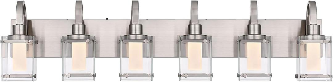 6-Light Brushed Nickel Vanity Light Fixtures, Modern LED Bathroom Wall Lights for Dressing Room, Integrated LED Chips with Frosted Column & Clear Square Glass Shades, Energy Saving Wall Sconce