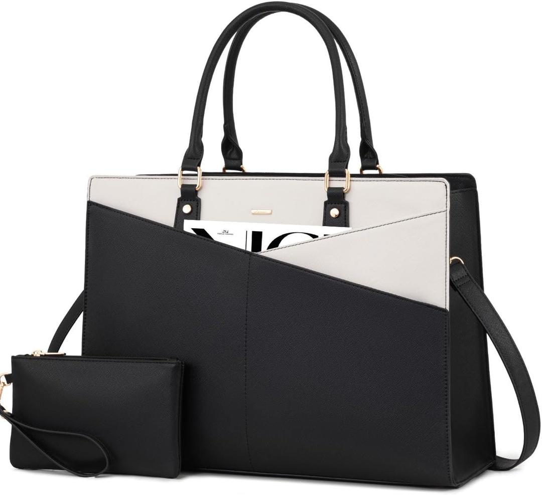 LOVEVOOK Laptop Tote Bag for Women, Waterproof Leather Business Office Work Bag Computer Briefcase with Small Clutch fit for 17.3 Inch Laptop,Black-Beige