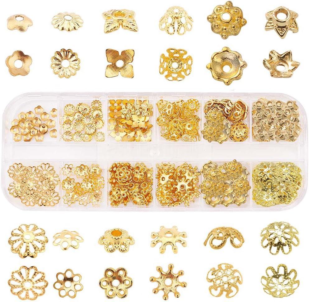 SUNNYCLUE 1 Box 240Pcs Metal Bead Caps 12 Different Flower Bead Ends Filigree Petal Brass Bead Caps Alloy Beads Spacer Accessories with Clear Box for Jewelry Making, Golden