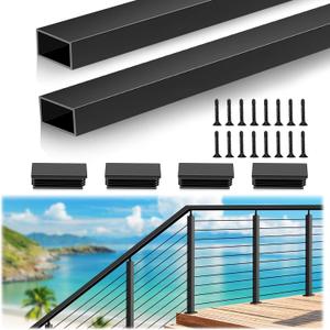 6'6" Aluminum Handrail Black, 2 Pack Rectangular Handrail Flat Top Rail for Outdoor Deck Stair Cable Railing System, Black Aluminum Rail with 4 Nylon End Caps for Indoor Stairs DIY Balustrade