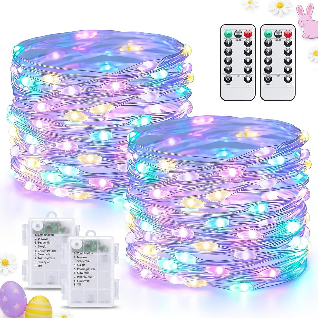 JMEXSUSS 2 Pack Pastel Fairy Lights Battery Operated with Remote, Total 200 LED 66ft Easter Lights Outdoor Waterproof, 8 Modes Battery Powered Twinkle String Lights for Bedroom Indoor Easter Decor