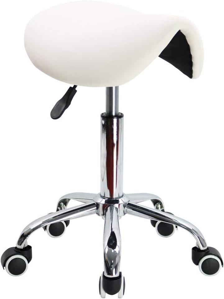 KKTONER Rolling Saddle Stool PU Leather Swivel Adjustable Rolling Stool with Wheels Salon Chair White, height: 19.5"-25.8" (Front), 17.7"-24" (Center), 18.3"-24.6" (Back), hold up 300 LB.