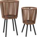 Set of 2 Rattan Plant Stand, Boho Plant Stand Indoor, Handwoven Wicker Plant Stands with Metal Frame, Mid Century Plant Holder for Living Room Bedroom Patio