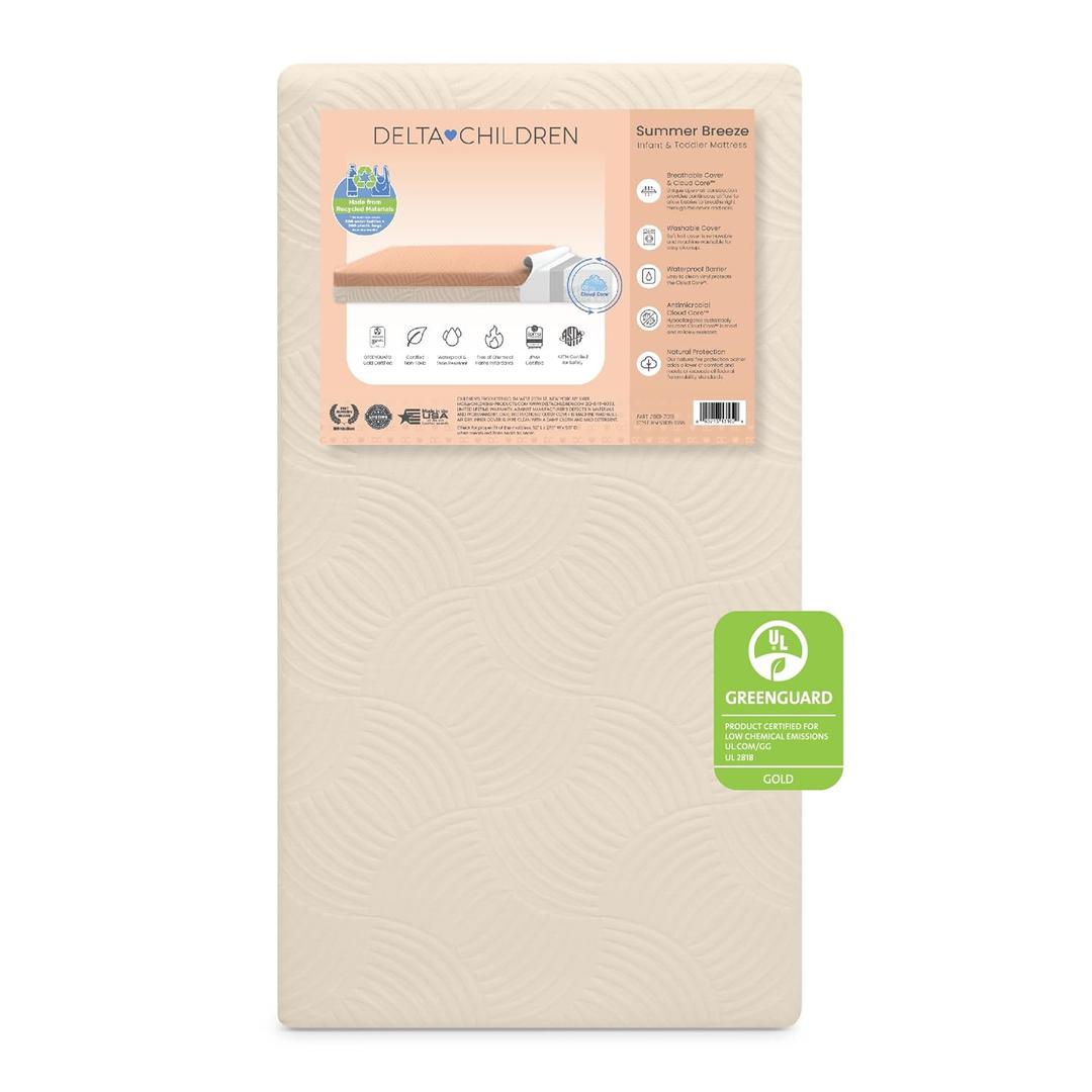 Delta Children Summer Breeze Mattress - Breathable Baby Crib & Toddler Mattress with Cloud Core - Machine Washable Cover - GREENGUARD Gold  Waterproof - Sustainably Sourced Core, Apricot/White