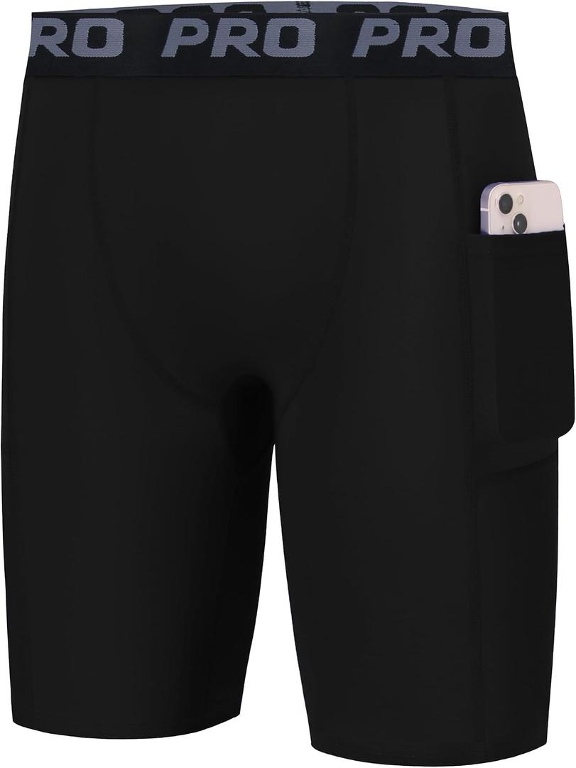 EXARUS Youth Boys Compression Shorts Side Pocket Performance Athletic Base Layers Underwear Running Sports Soccer (Black)