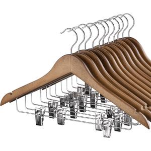 HOUSE DAY Wooden Hangers with Clips 12 Pack, Heavy Duty Walnut Wood Pants Hanger, Premium Skirt Hanger with Adjustable Clips, Solid Clip Hangers for Suit, Blouse, Dress, Coat, Jacket, Bottom