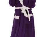 Long Robes For Women Floor Length, Fluffy Fleece Warm Cozy Hooded Bathrobe Plush Luxury Plus Size Winter Housecoat (Small-Medium, Dark Purple/Light Grey)