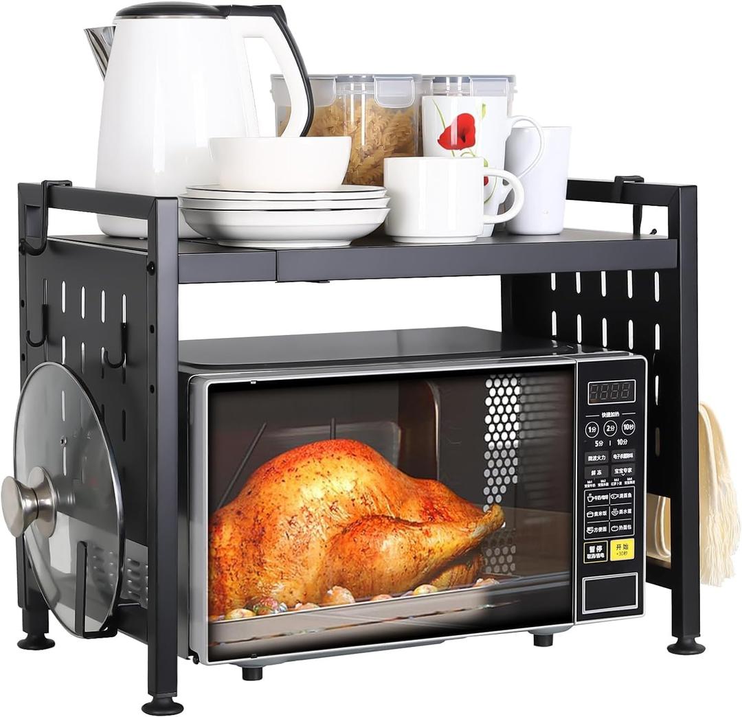 Expandable Microwave Stand Countertop, Heavy Duty Over Microwave Shelf Countertop, 2 Tier Metal Microwave Oven Rack Shelf for Kitchen Tabletop with 4 Hooks,Holds 160lb,Height Adjustable,Black