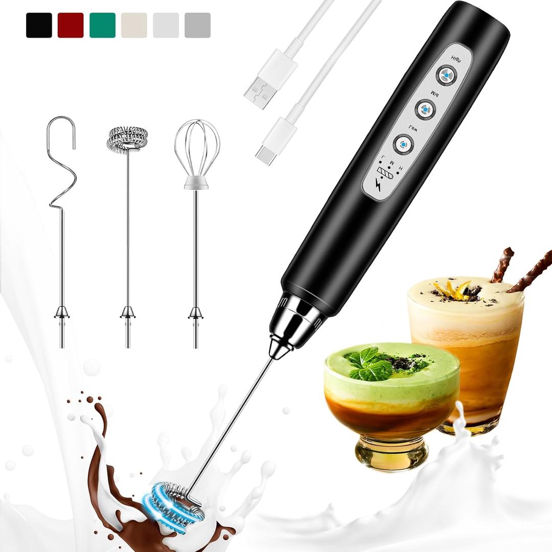 Milk Frother Handheld Rechargeable, Frother Wand Drink Mixer Electric Whisk for Coffee, Detachable With 3 Stainless Whisks, Hand Mixer for Lattes, Cappuccino, Matcha, Egg, No Stand,Black