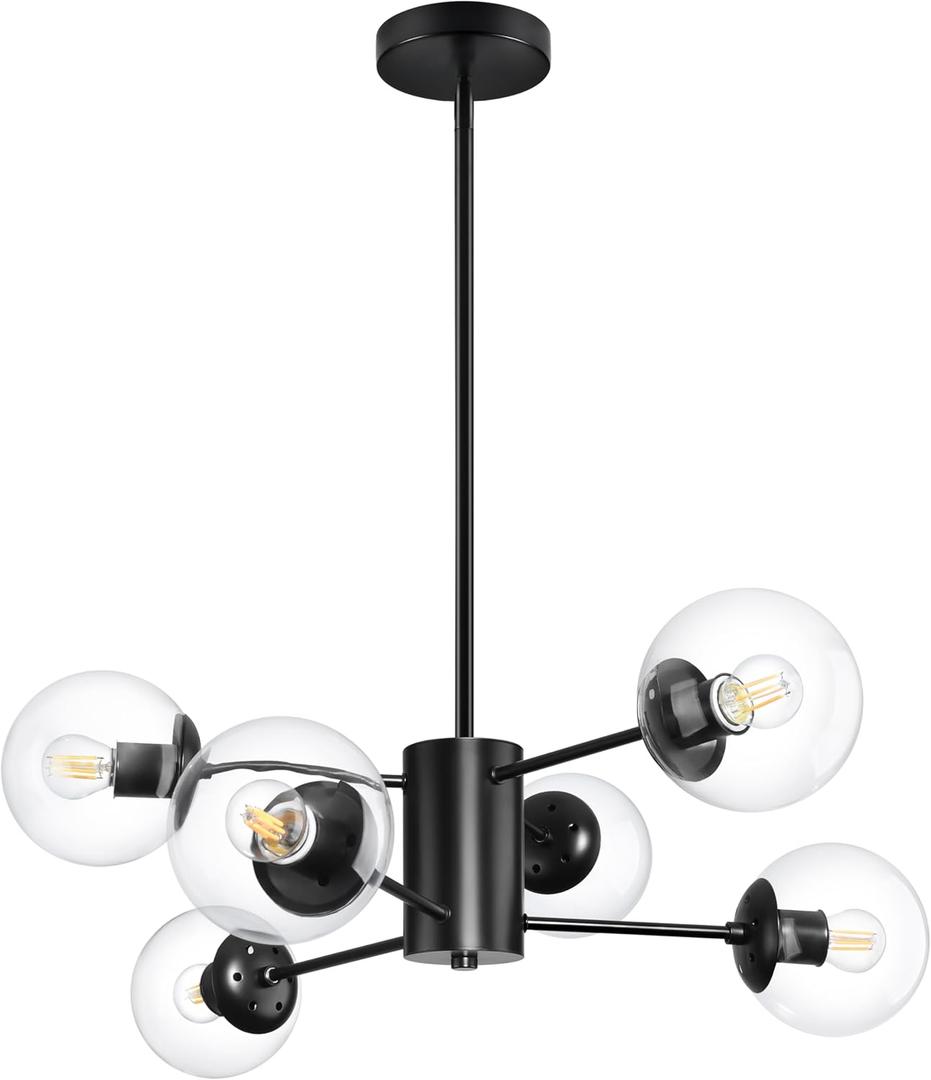 6-Light Globe Sputnik Chandelier Modern Black Sputnik Chandelier Mid Century Pendant Light Matte Black Finished with Clear Globe Glass Lampshade Chandeliers for Dining Room Kitchen