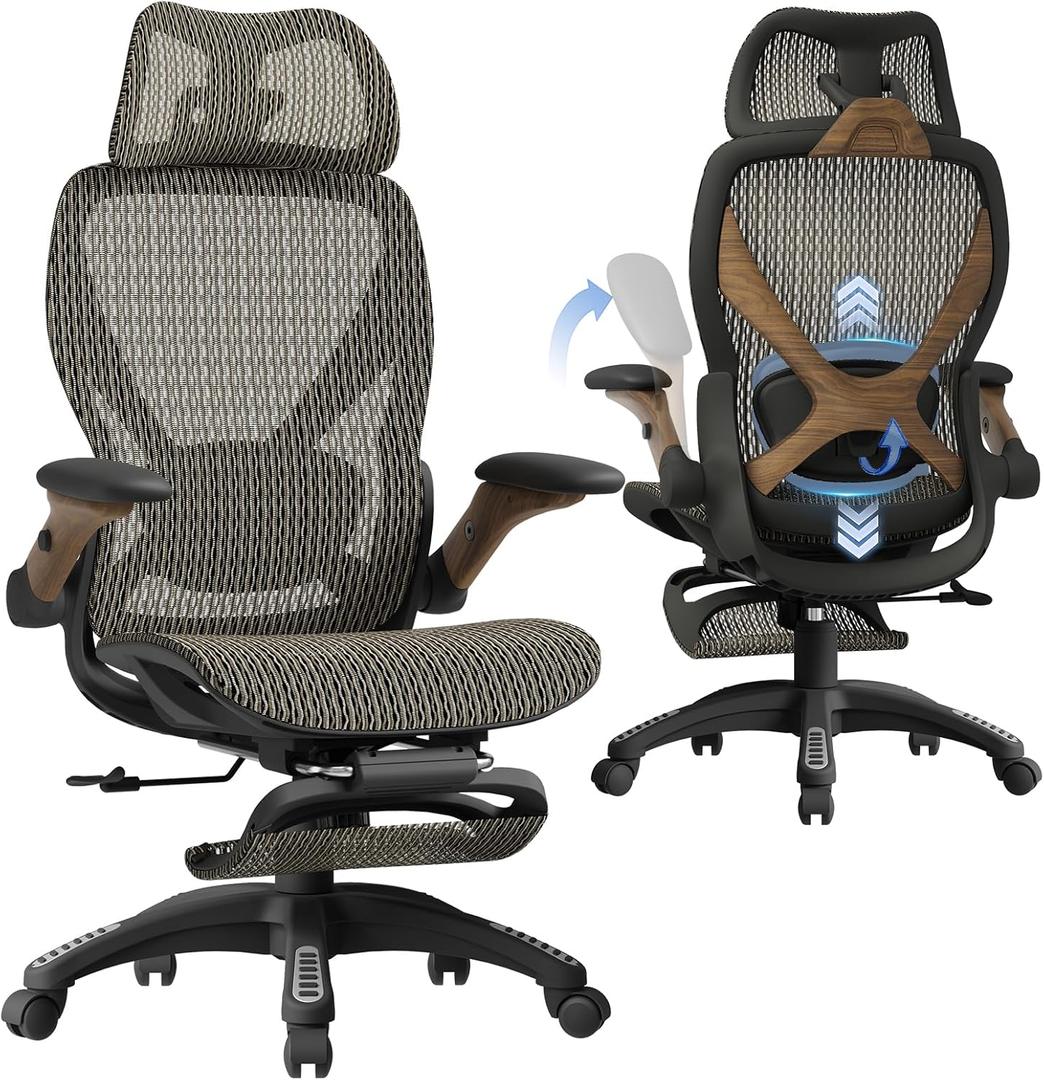ELABEST X100 Ergonomic Office Chair with Footrest, Big and Tall Home Desk Chair with 5D Flip-Up Arms, Adjustable 3D Lumbar Support,High Back Rolling Computer Chair, Swivel Mesh Chairs (Coffee Break)