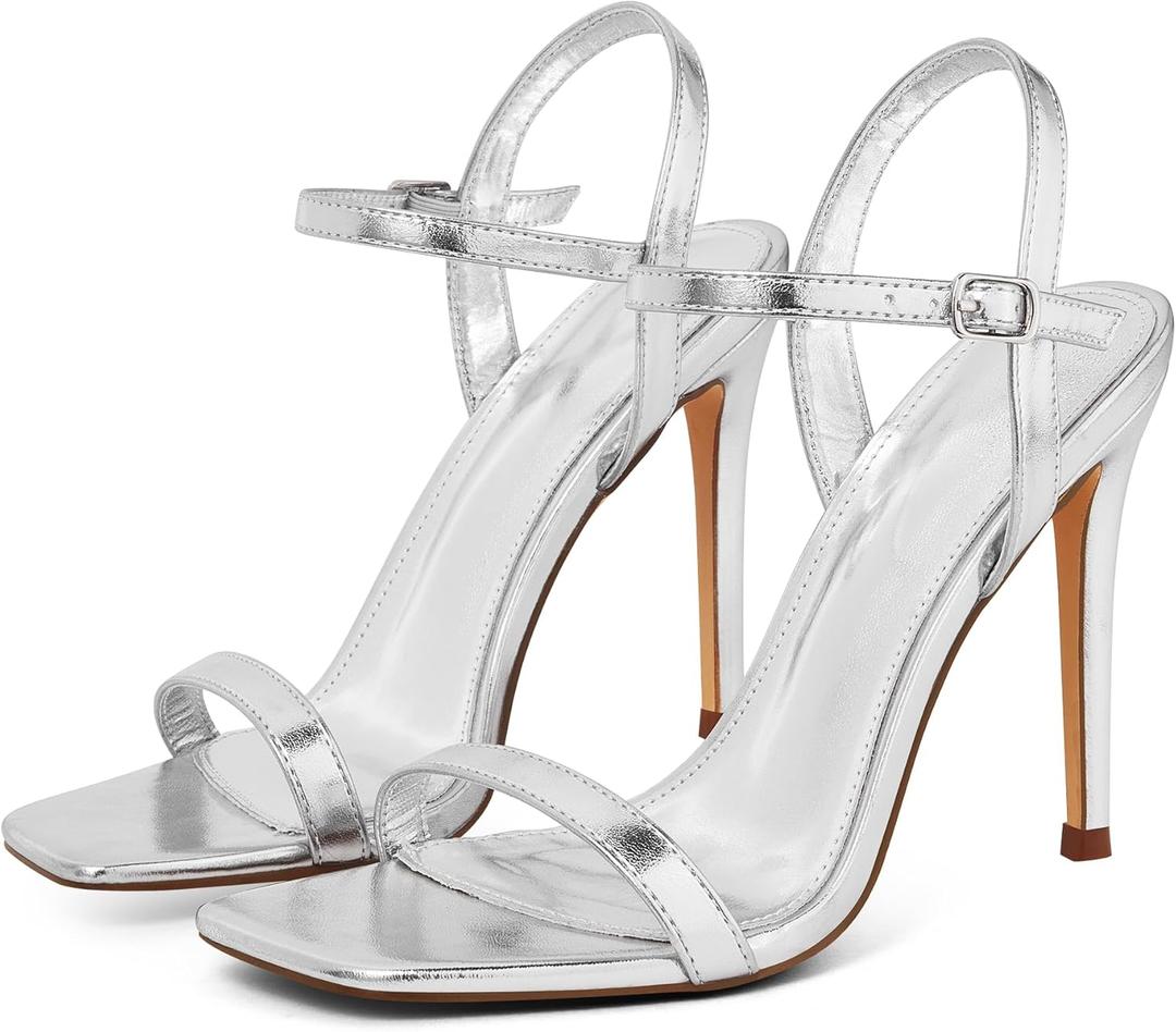 GENSHUO Women's Square Toe Strappy Stiletto Heels,4 Inch Open Toe Heel Sandals Ankle Strap Buckle Sexy High Heeled Prom Party Wedding Daily Wear Dress Shoes, Silver Matte US 9.5