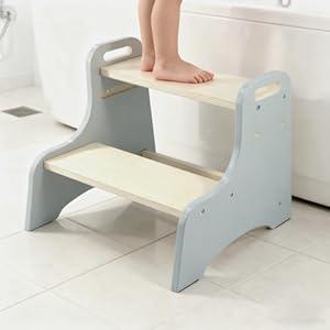 Erizhaltic Wooden Toddler Step Stool for Kids Adjustable 2Step Learning Stool for Kitchen & Bathroom Sink Sturdy 350lbs Capacity with NonSlip Safety Pads Montessori Helper Stool for Potty Training (12.99"D x 14.96"W x 14.17"H) Grey