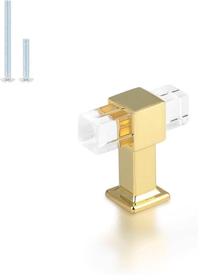 knobelite 10 Pack Polished Gold Cabinet Knobs with Zinc Alloy Base, Acrylic Cabinet Pulls for Kitchen, Modern Cupboard Single Hole Dresser Drawer Pull Handle