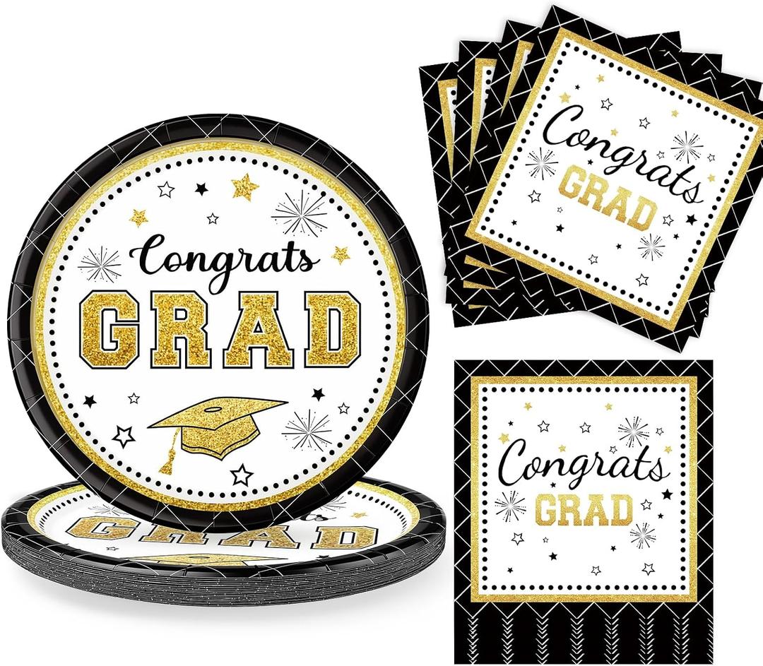 2 x Class of 2026 Graduation Paper Plates and Napkins Set, Black Gold 9 Inch Disposable Plates Napkins Serves 20, Graduation Party Supplies Table Decorations, 9inch and 6.5inch