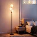 Fiqevs Upgraded Dimmable 3 Globe Mid Century Modern Floor Lamp, 3 x 3000K Warm Light LED Bulbs Included, Matt Black Standing Lamp with Sphere Glass Shade, Vintage Tall Lamp for Living Room, Bedroom