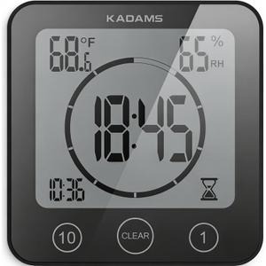 KADAMS Shower Clock Waterproof Bathroom Timer Digital Wall Clock with Countdown, Magnetic Kitchen Clock with Temperature & Humidity, Suction Cup for Kids Shower Spa Cook Bath (Black)