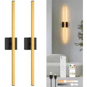 Wireless Battery Operated Wall Sconces Set of 2, 10000mAh Rechargeable LED Wall Lights with Remote Control, Gold 3000K-6000K Dimmable Timing Modern Wall Lamp for Living Room Bedroom, 31.5 inch (Gold)