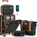 imiomo Carry on Luggage Airline Approved with Front Pocket and USB Port, Hard Shell 20 Inch Travel Carry-on Suitcase with Spinner Wheels and TSA Lock, Black Brown, 4 Piece Set