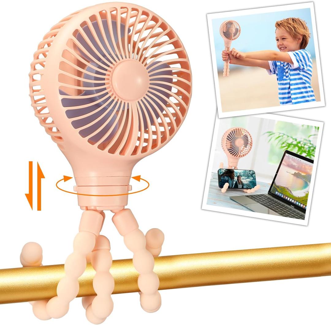 Snowowo Mini Portable Baby stroller Fan, Auto Oscillating Battery Operated Personal Small Handheld Fan with Flexible Tripod, Rechargeable Clip On for Car Seat Crib Treadmill Travel Camping Pink